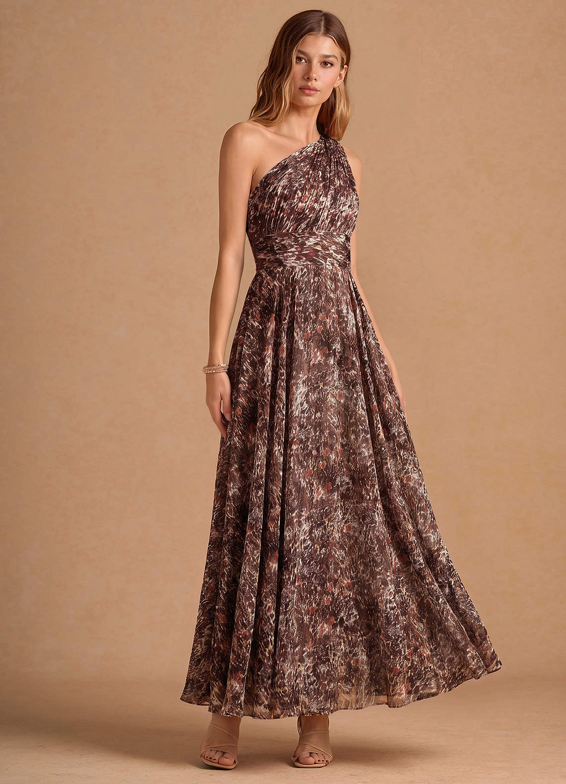 Noelle A-Line Twisted-Shoulder Chiffon Wedding Guest Dress in Truffle