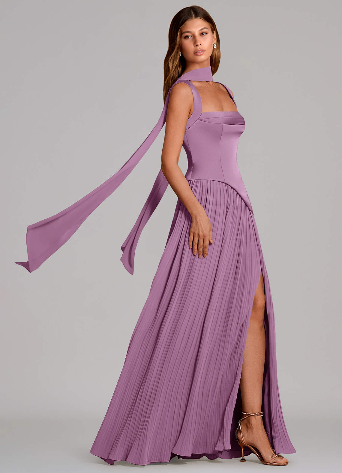 Stephanie A-Line Square-Neck Stretch Satin and Chiffon Bridesmaid Dress in Wisteria