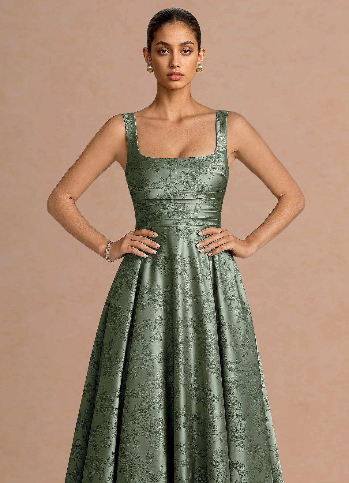 Azaria A-Line Square-Neck Jacquard Evening Dress in Sage Blue