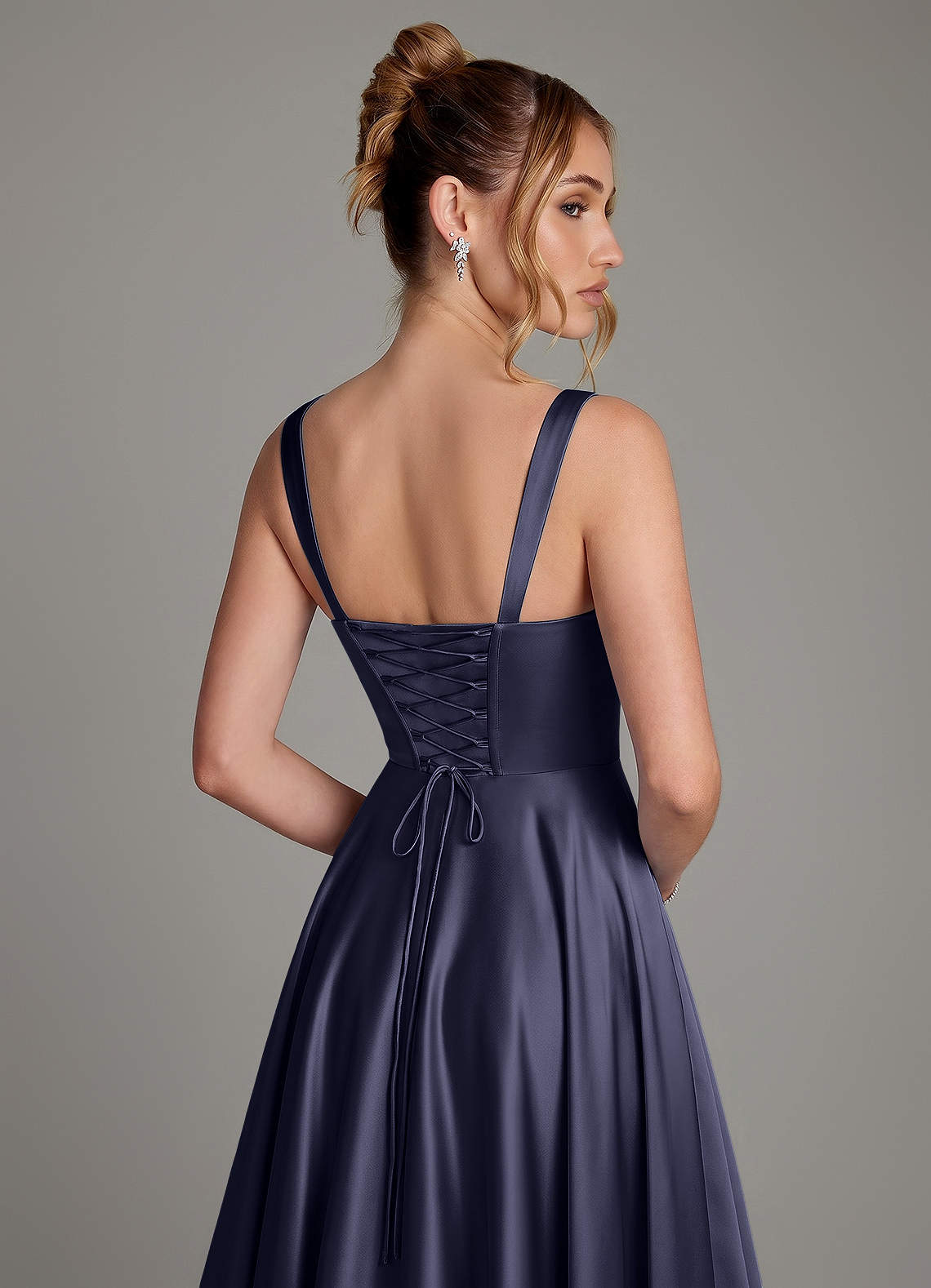 Azaria A-Line Square-Neck Stretch Satin Bridesmaid Dress in Stormy