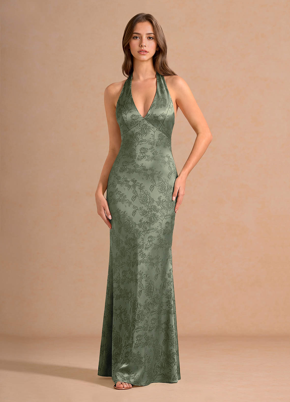 Ottoline Plunging V-Neck Open-Back Jacquard Evening Dress in Sage Blue