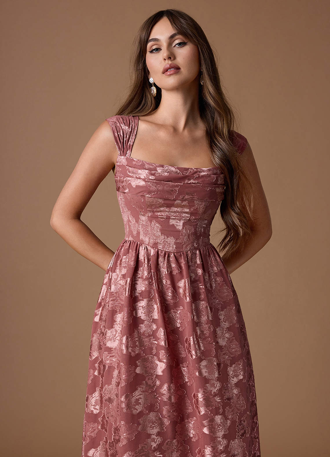 Hazel A-Line Cowl-Neck Fil Coupé Wedding Guest Dress in Vintage Rose