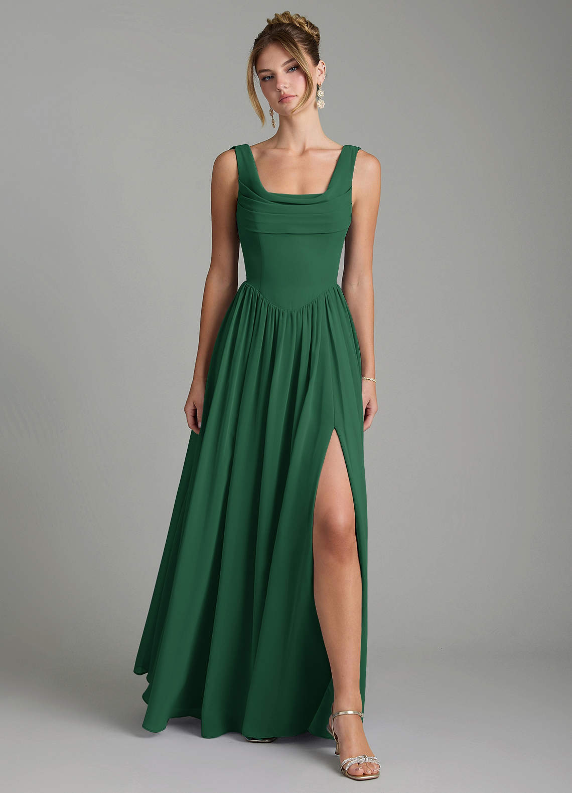 Novi A-Line Square-Neck Chiffon Bridesmaid Dress in Dark Green