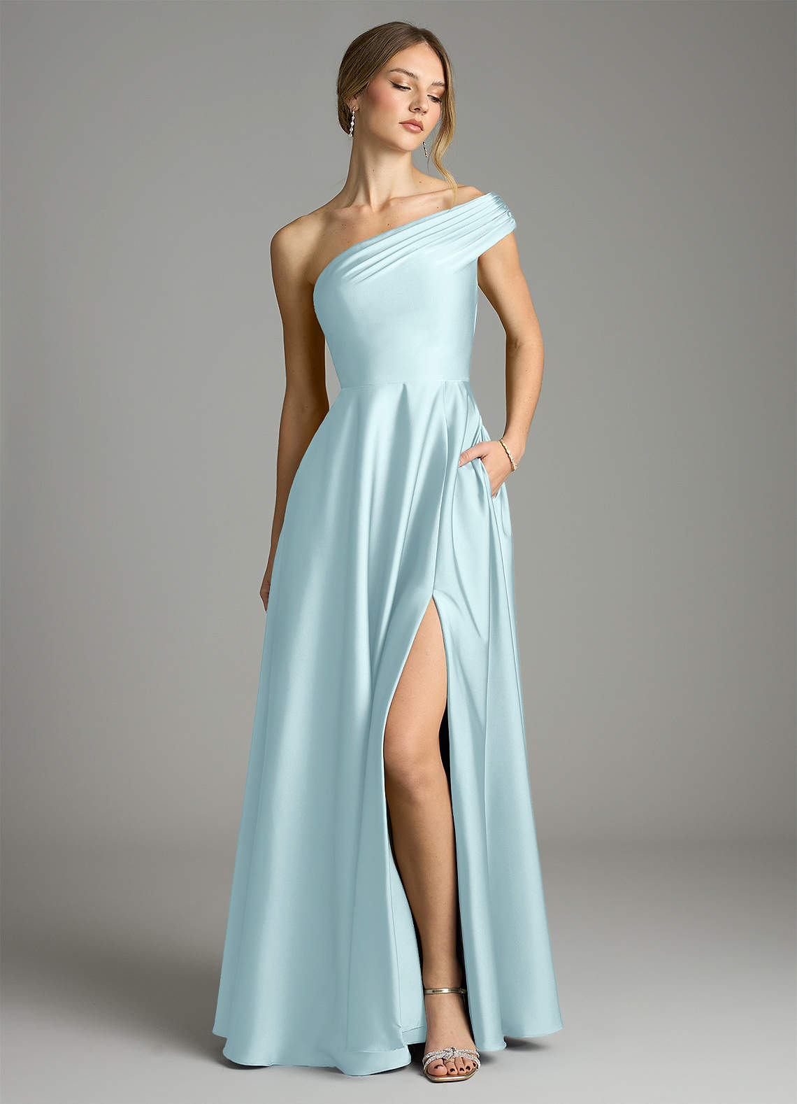 Melanie A-Line One-Shoulder Stretch Satin Bridesmaid Dress in Cloud Blue