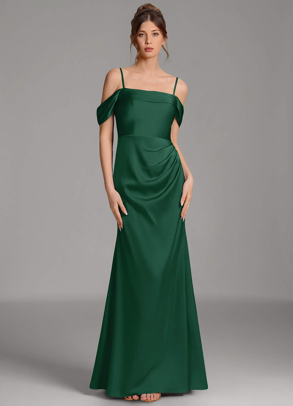 Wyatt Mermaid Off-the-Shoulder Stretch Satin Bridesmaid Dress in Dark Green