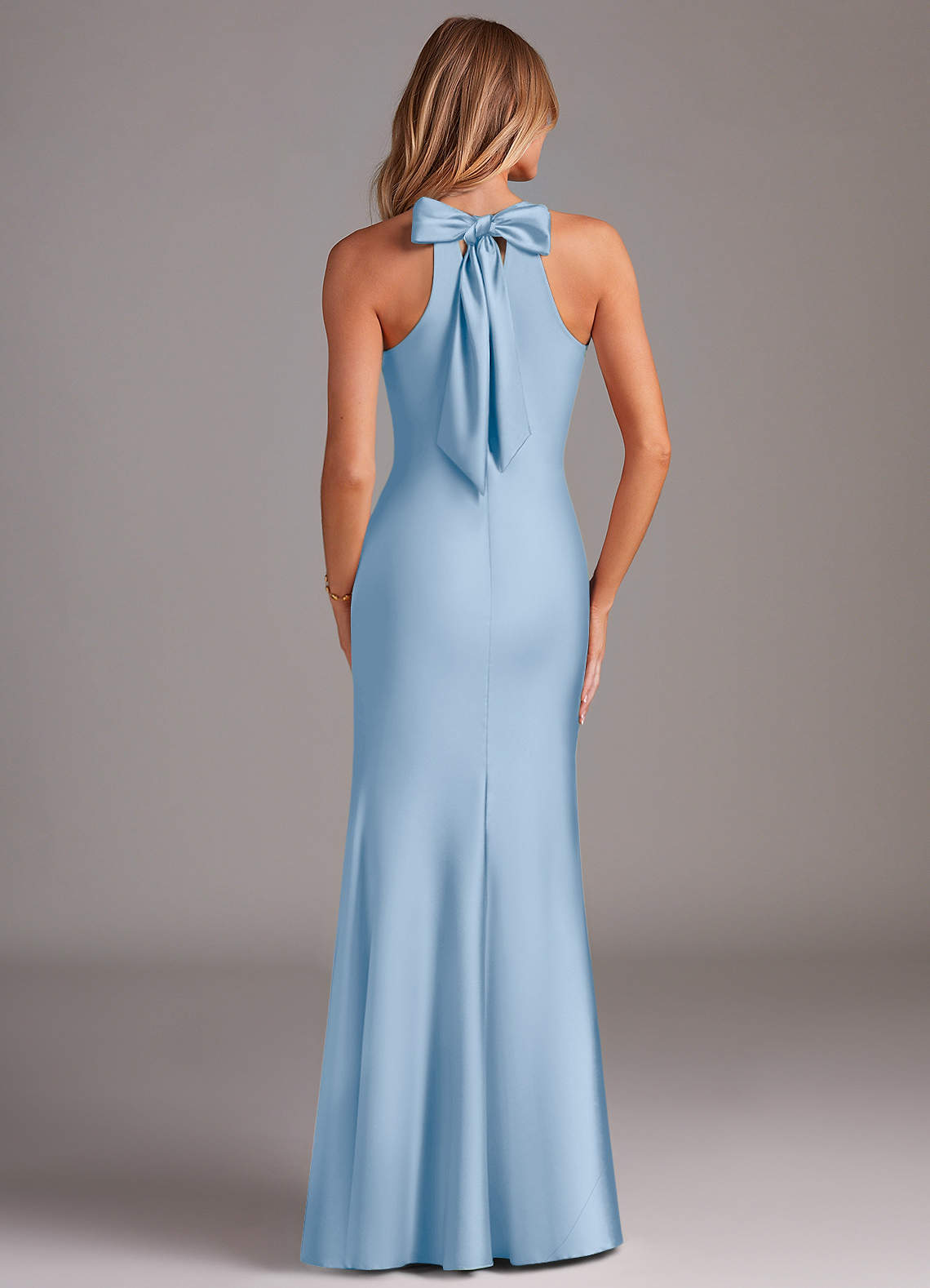 Doretta Mermaid Halter Stretch Satin Bridesmaid Dress in Powder Blue