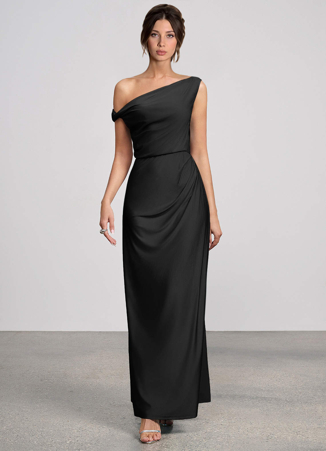 Elowen Mermaid One-Shoulder Glossy Knit Evening Dress in Champagne
