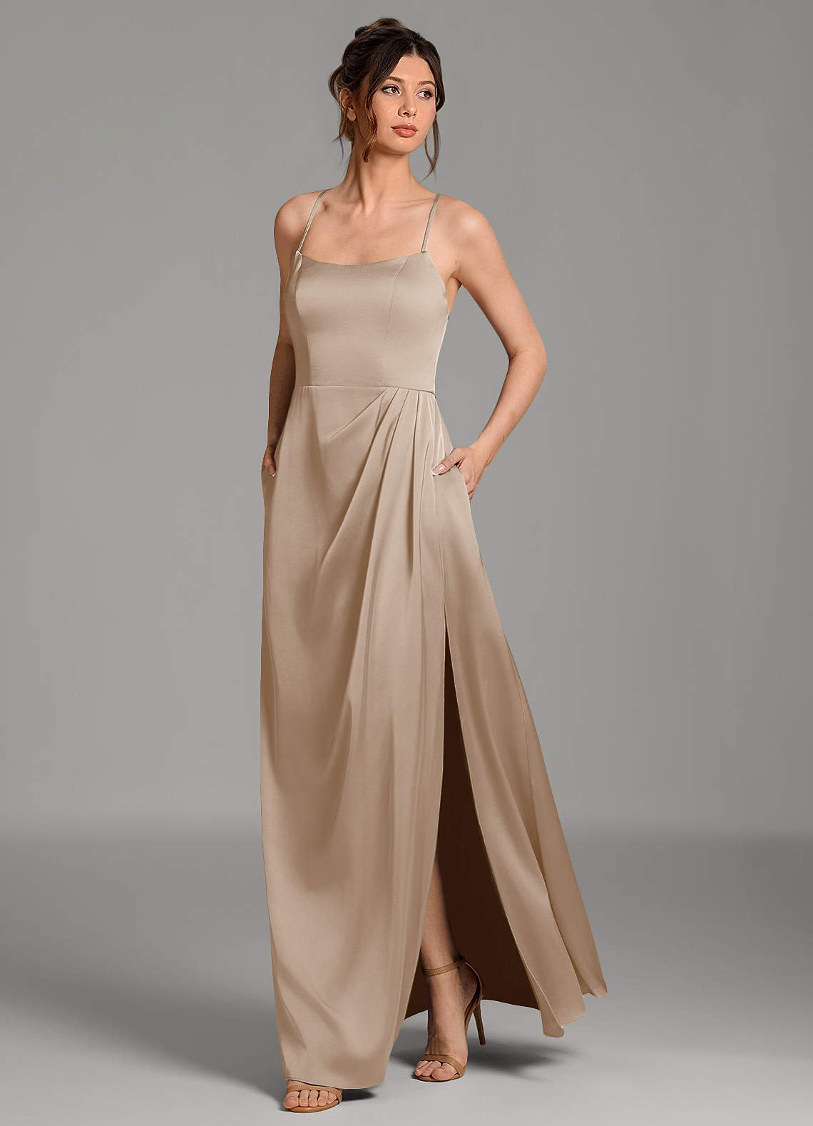 Frankie A-Line Scoop-Neck Stretch Satin Bridesmaid Dress in Taupe