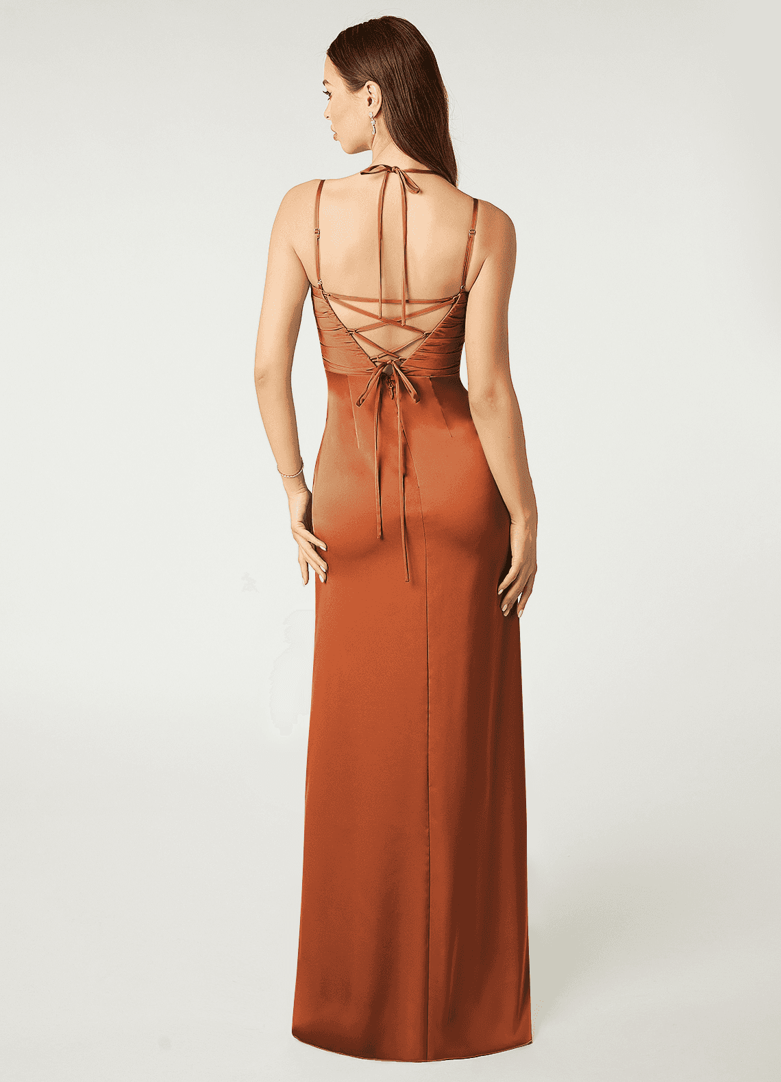 Desi Sheath Halter Stretch Satin Bridesmaid Dress in Cinnamon