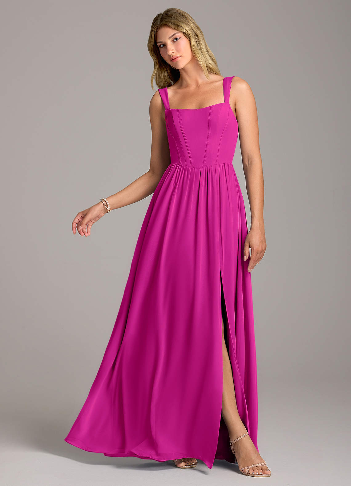 Rosaline A-Line Square-Neck Chiffon Bridesmaid Dress in Fuchsia