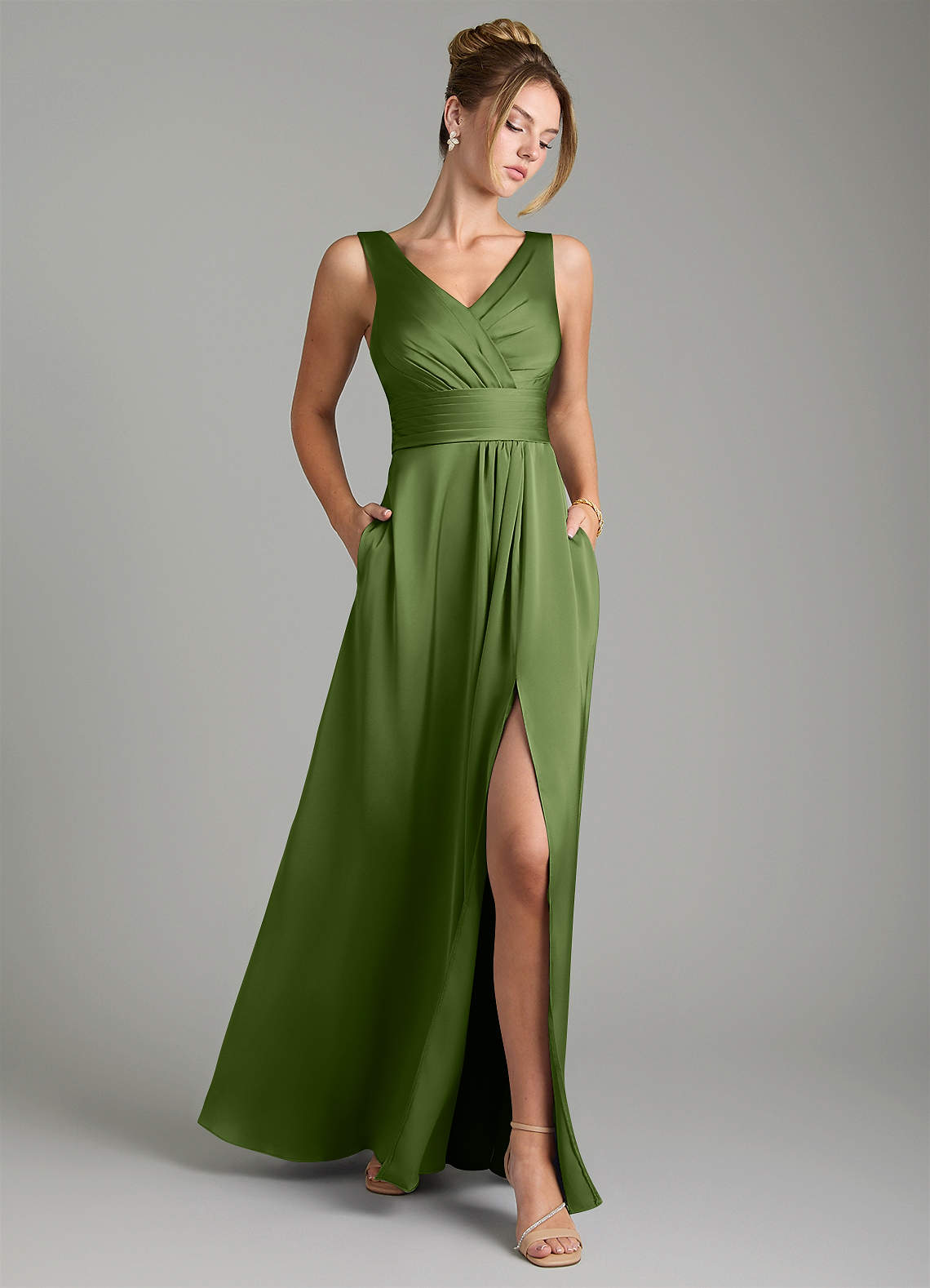 Karina A-Line V-Neck Stretch Satin Bridesmaid Dress in Juniper
