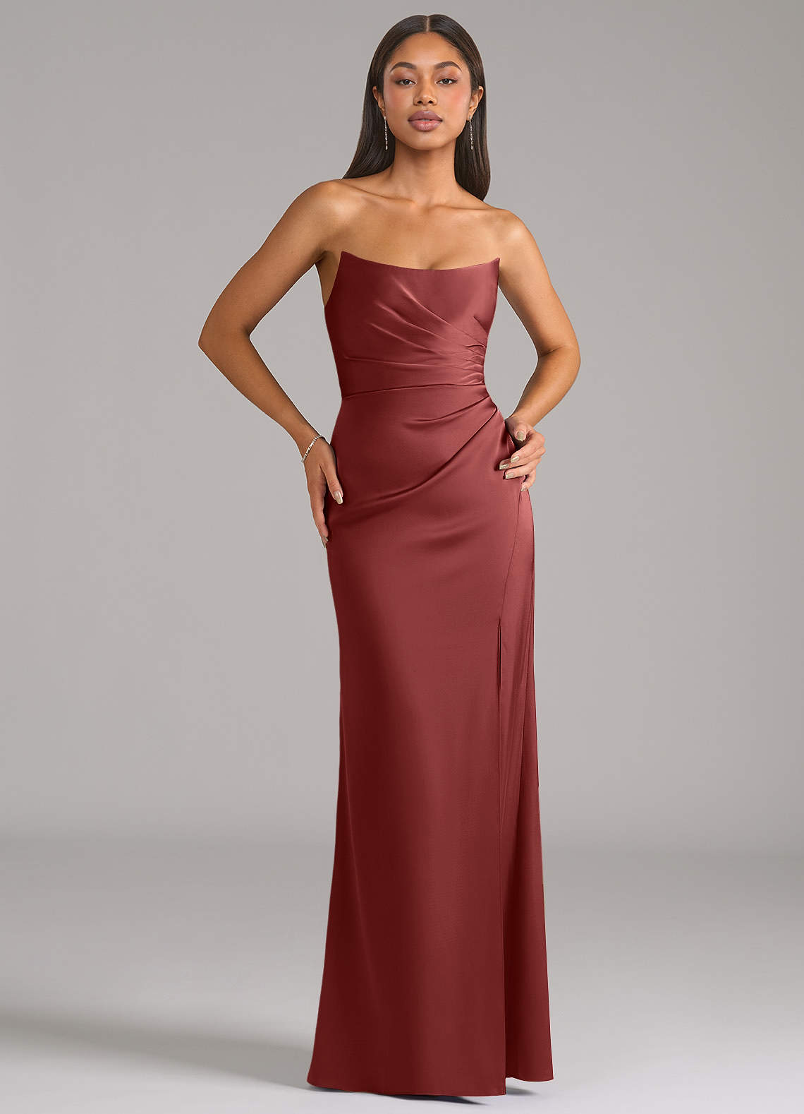 Marla Sheath Strapless Stretch Satin Bridesmaid Dress in Terracotta