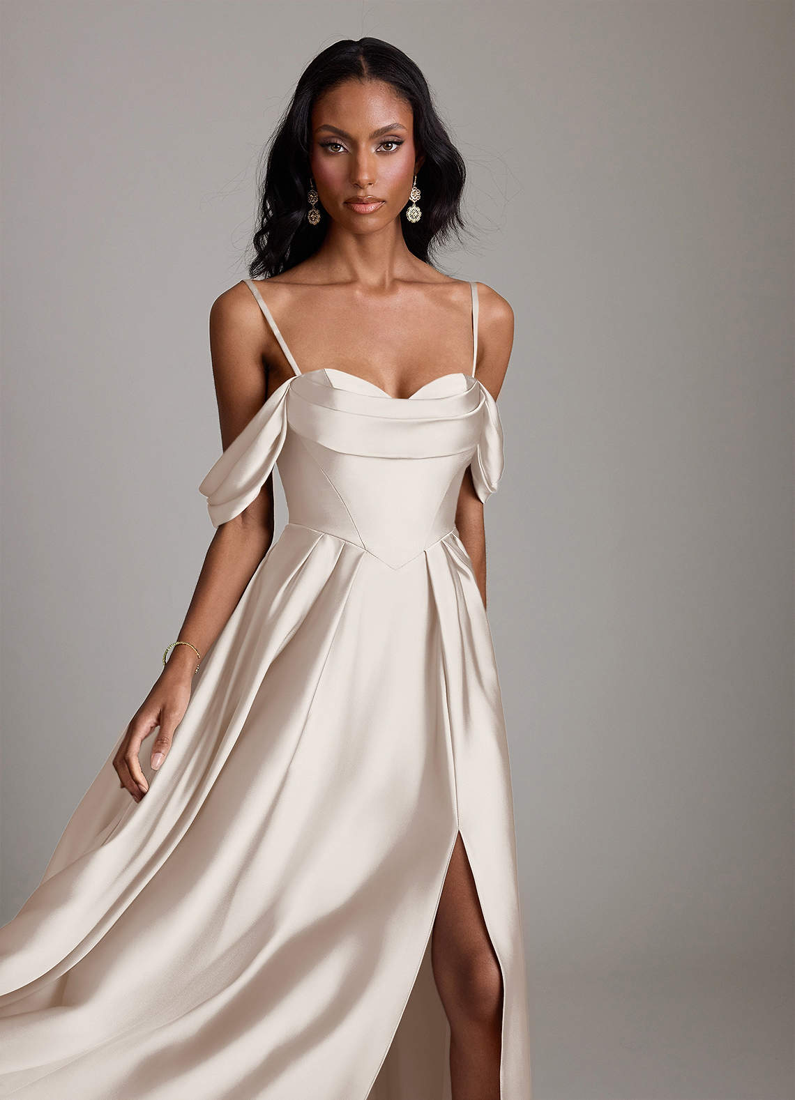 Loisa A-Line Off-the-Shoulder Stretch Satin Bridesmaid Dress in White Alabaster