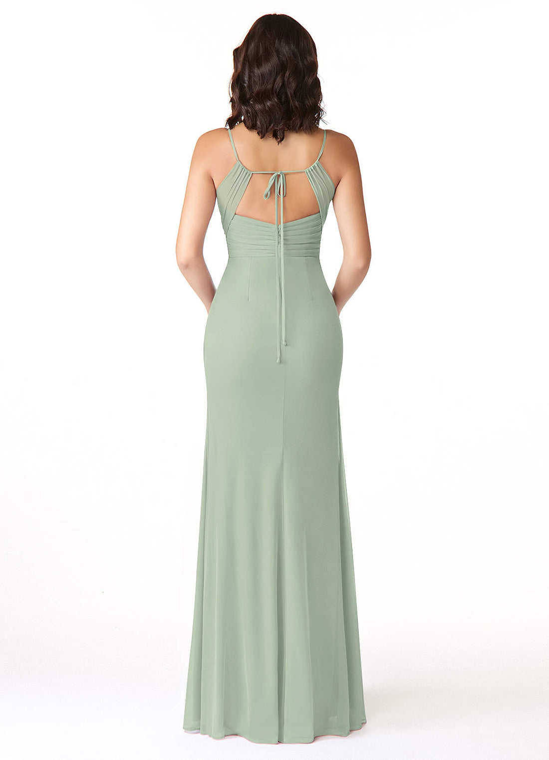 Reneya Mermaid V-Neck Mesh Bridesmaid Dress in Dusty Sage