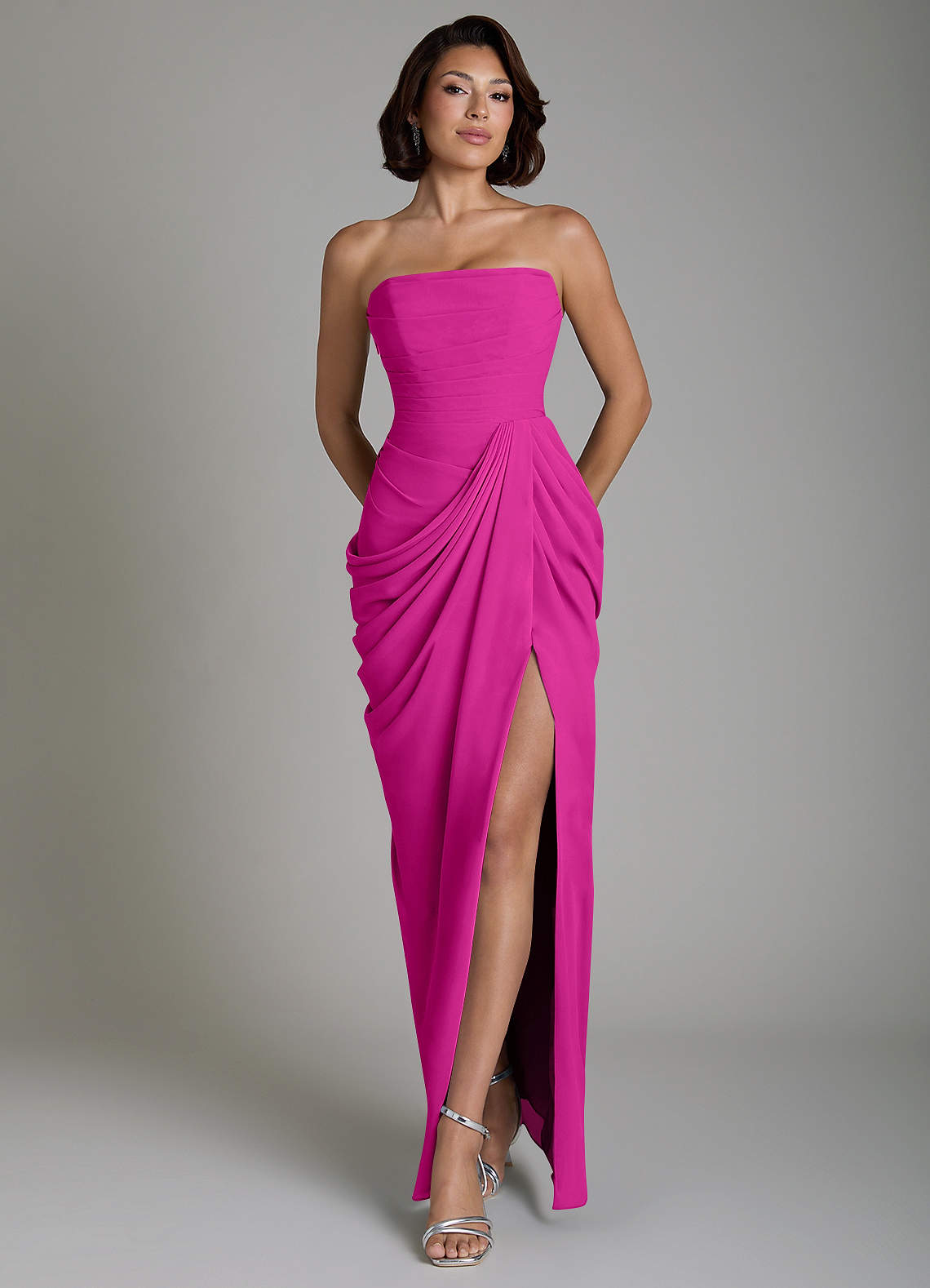 Nyra Sheath Strapless Chiffon Bridesmaid Dress in Fuchsia