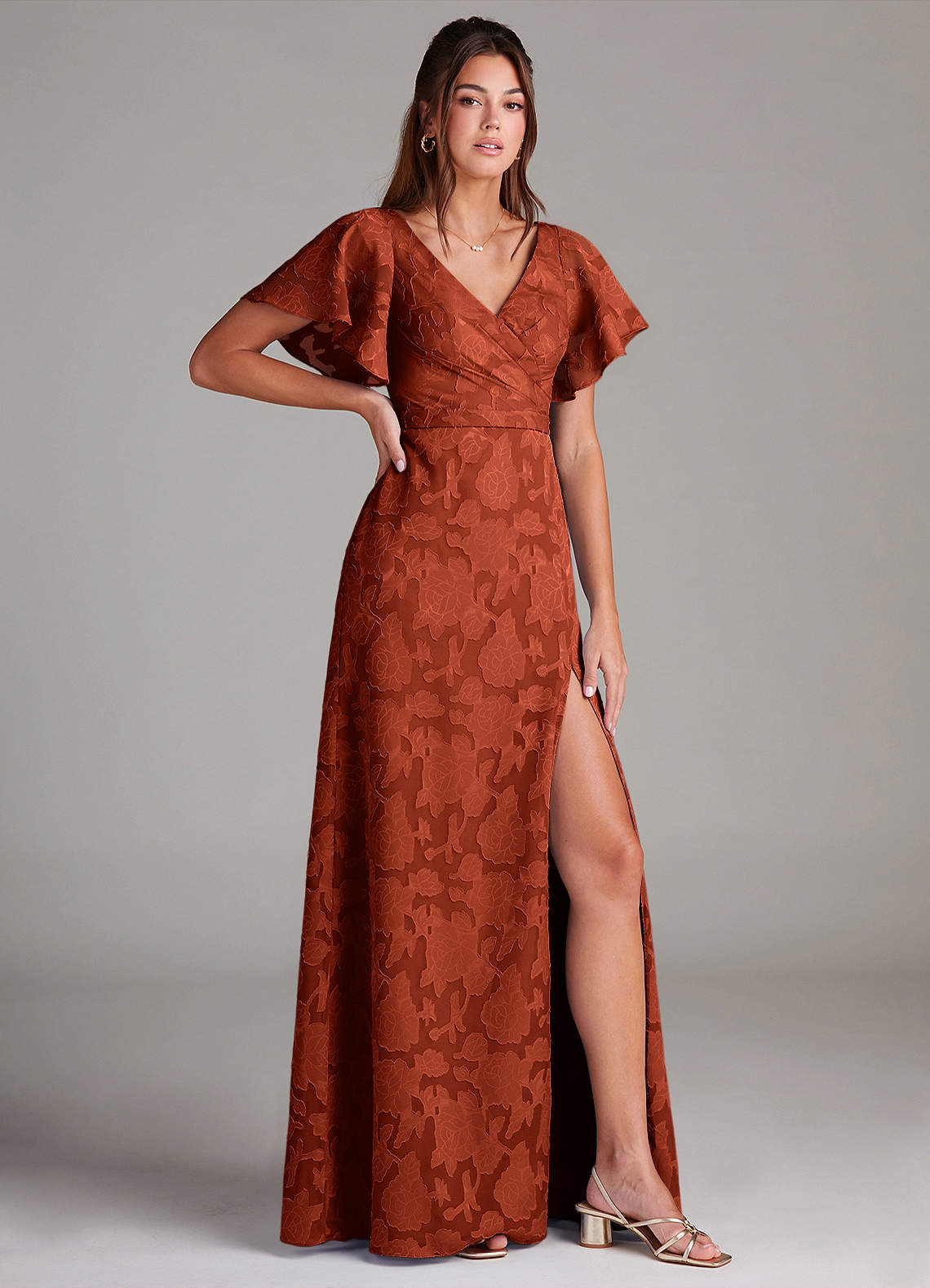 Ambrosia A-Line V-Neck Floral Burnout Bridesmaid Dress in Auburn