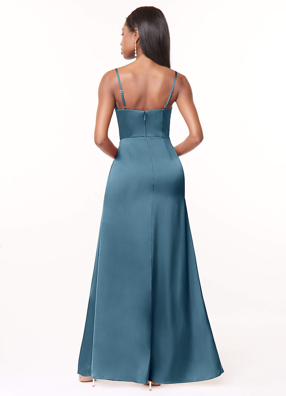 Maci A-Line V-Neck Stretch Satin Bridesmaid Dress in Bermuda