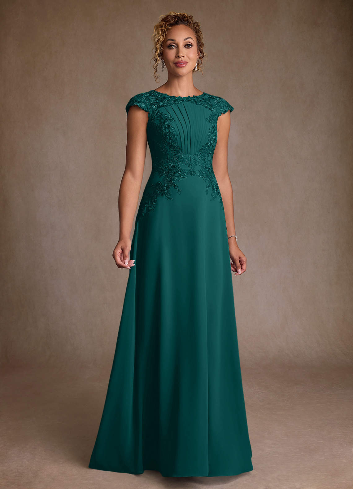 Christi A-Line Scoop-Neck Chiffon and Lace Mother of the Bride Dress in Peacock