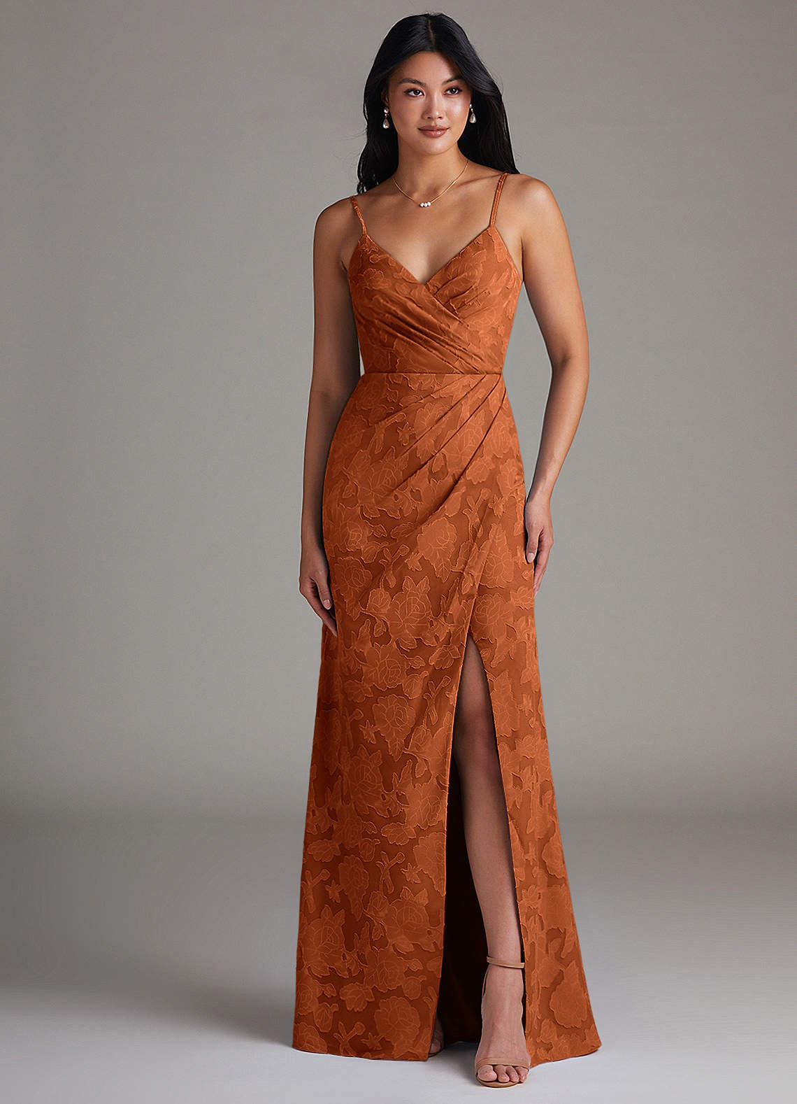 Maci Sheath V-Neck Floral Burnout Bridesmaid Dress in Burnt Orange