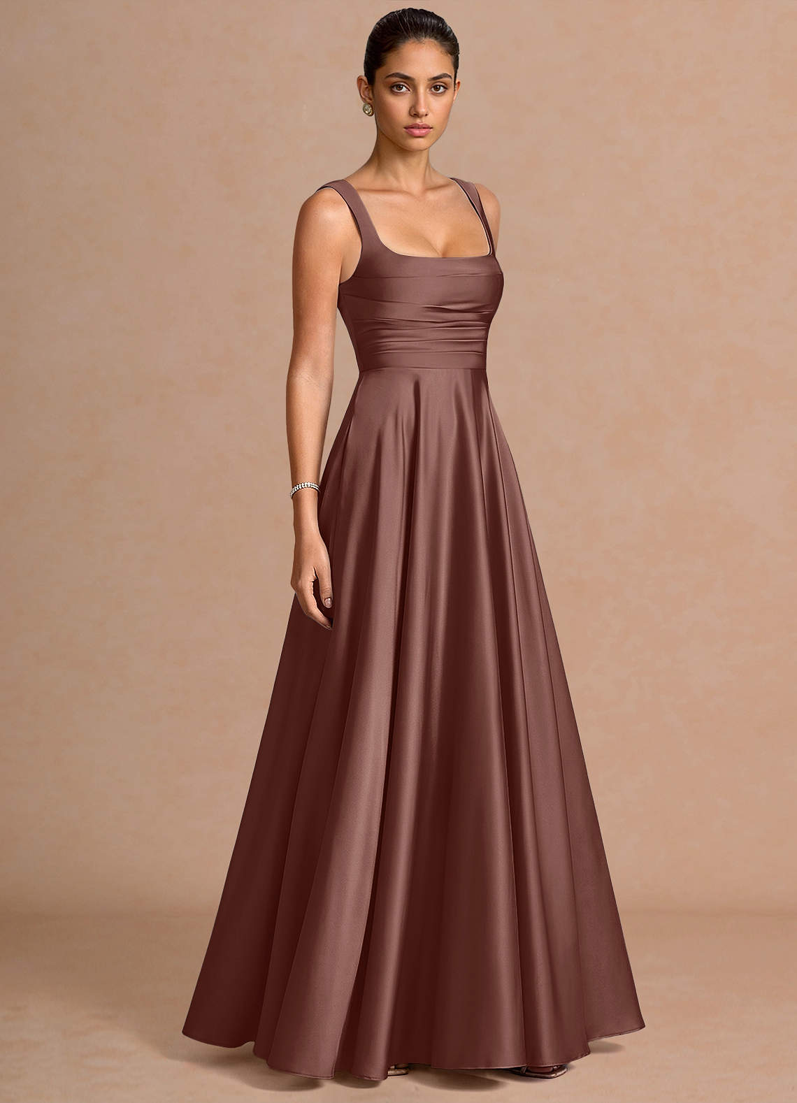 Azaria A-Line Square-Neck Stretch Satin Wedding Guest Dress in Mocha Coco