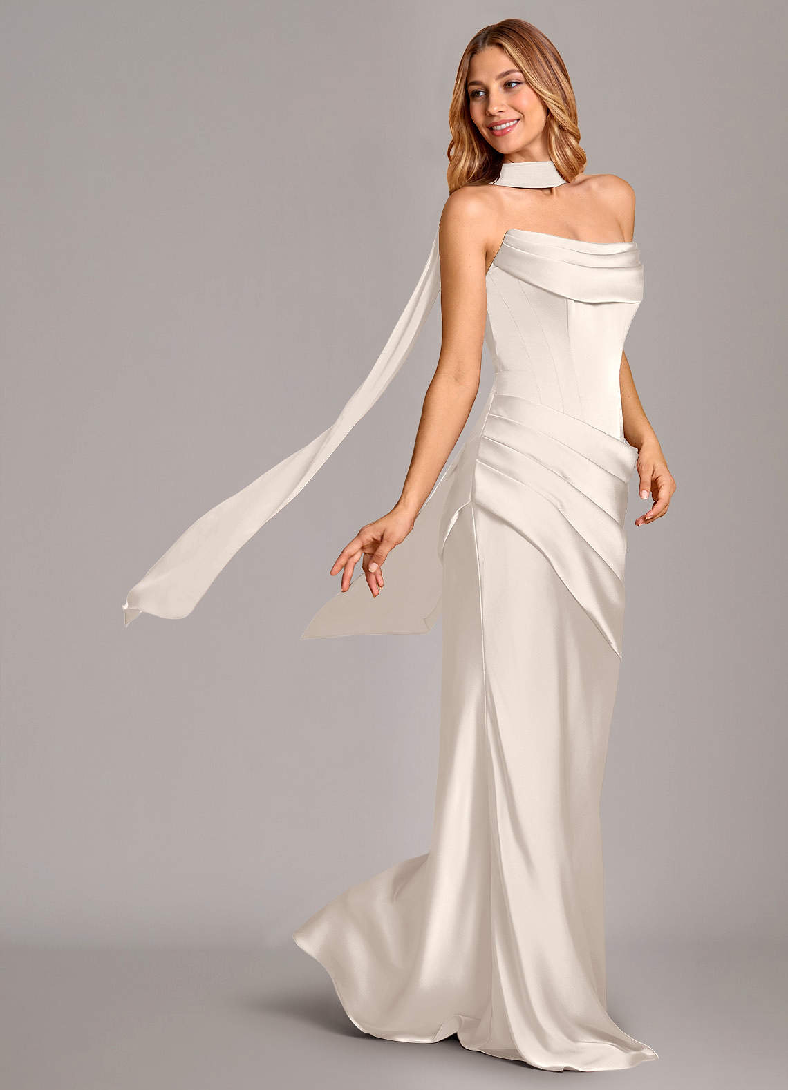 Pelagia Mermaid Cowl-Neck Stretch Satin Bridesmaid Dress in White Alabaster