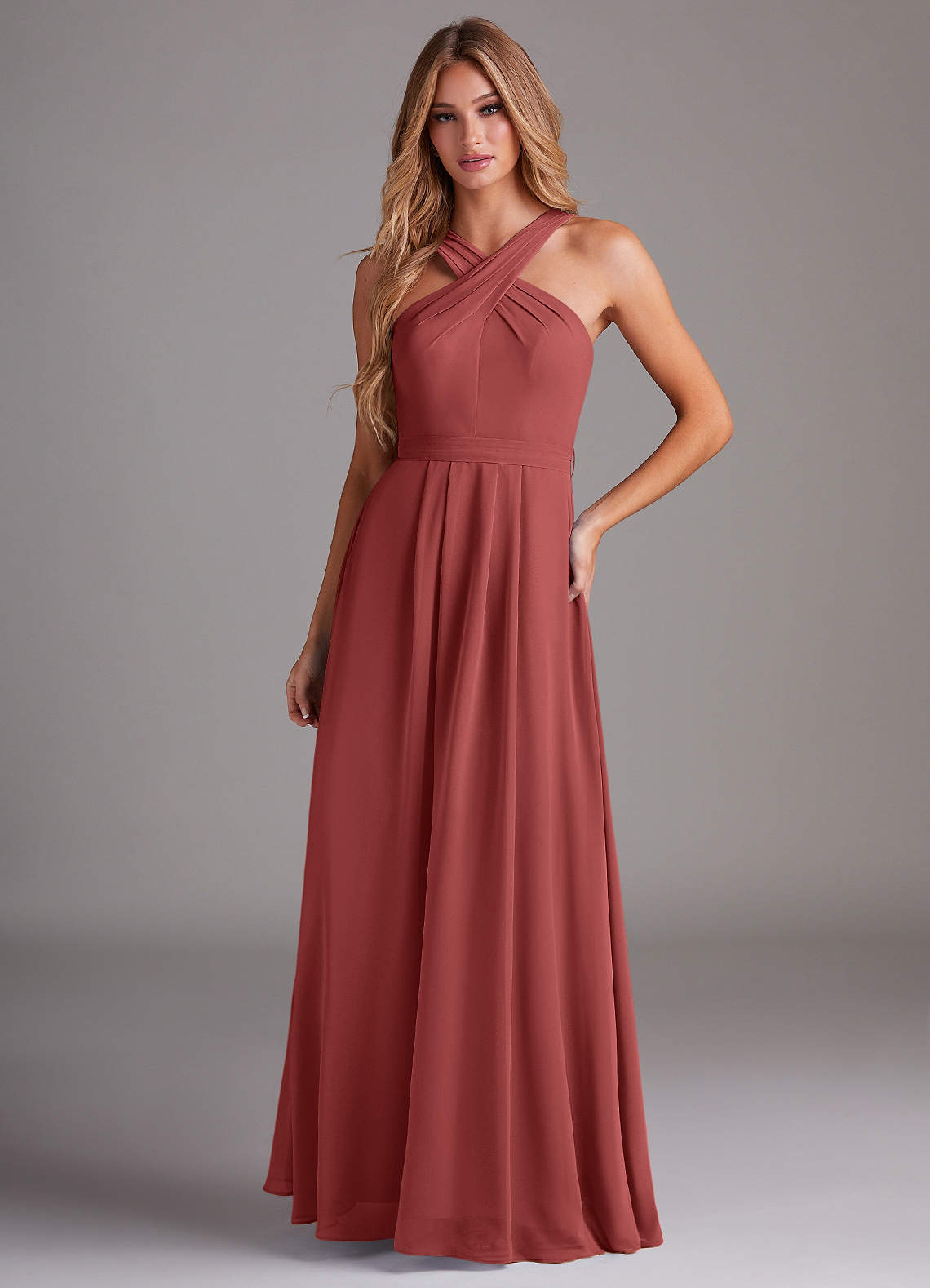 Dixie A-Line Halter Chiffon Bridesmaid Dress in Terracotta