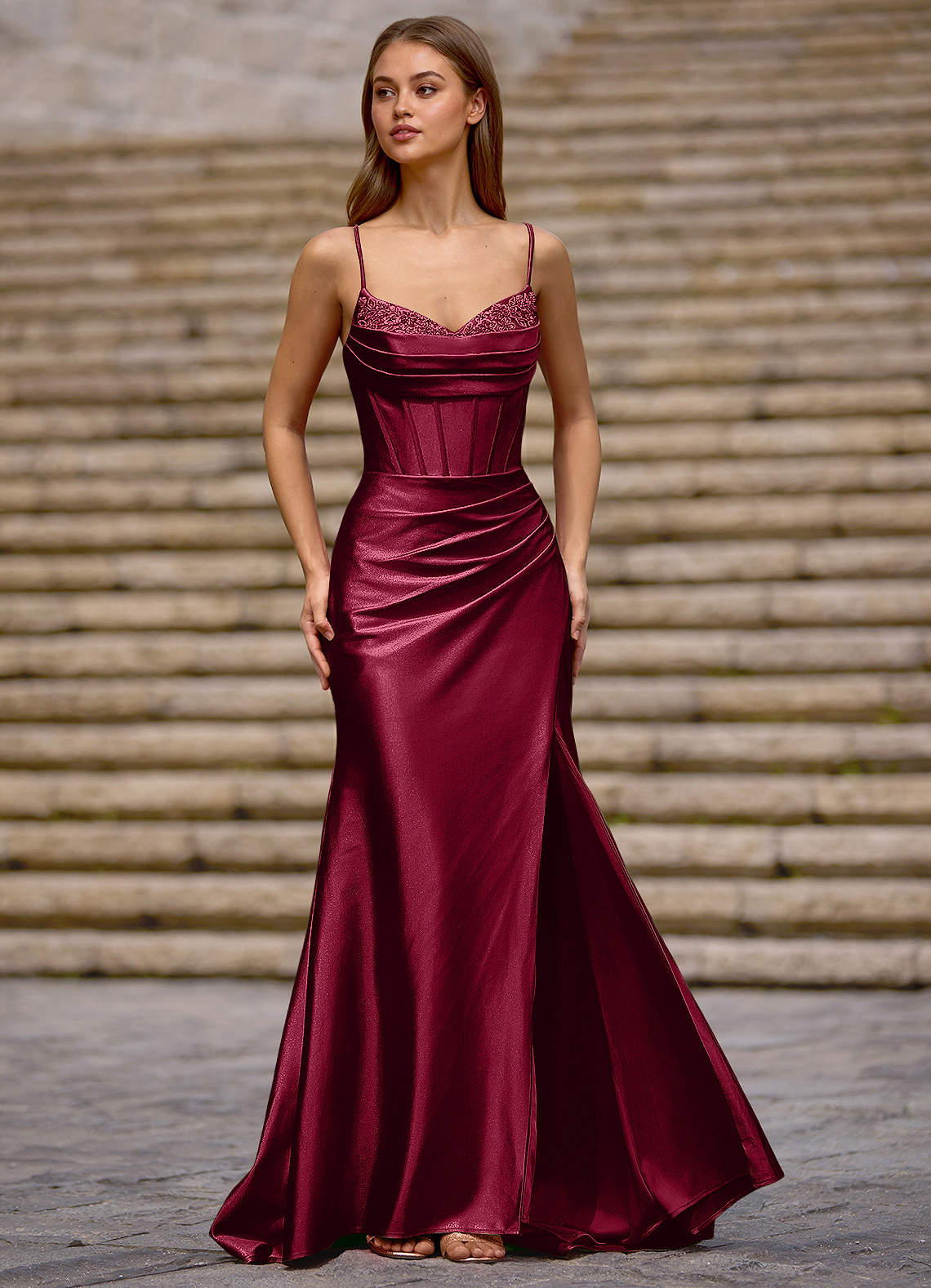 Glow Strapless Corset Slit Stretch Satin Evening Dress in black