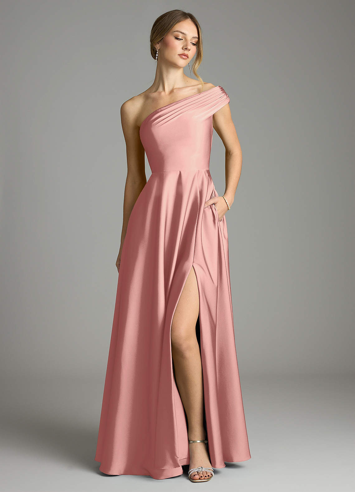Melanie A-Line One-Shoulder Stretch Satin Bridesmaid Dress in Rosette