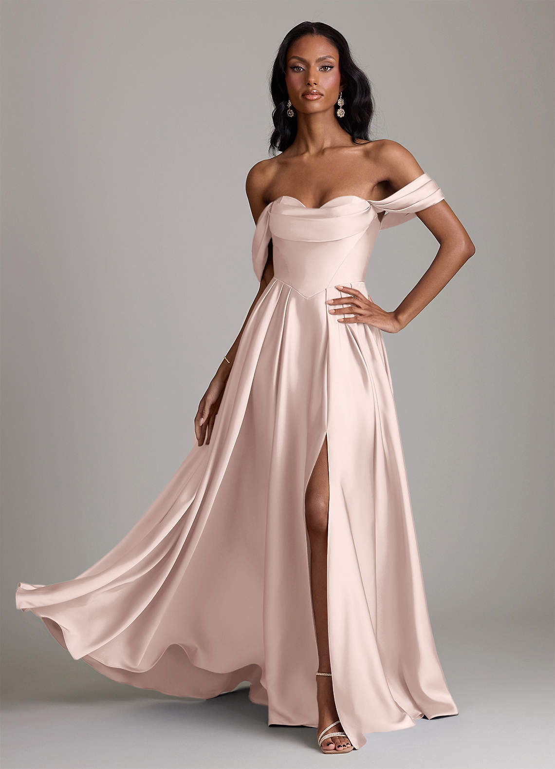 Loisa A-Line Off-the-Shoulder Stretch Satin Bridesmaid Dress in Blushing Pink