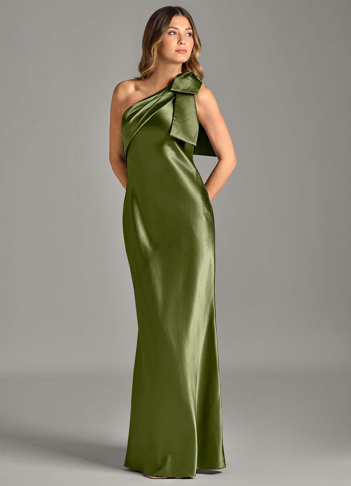 Yuanna Mermaid One-Shoulder Metallic Satin Bridesmaid Dress in Olive