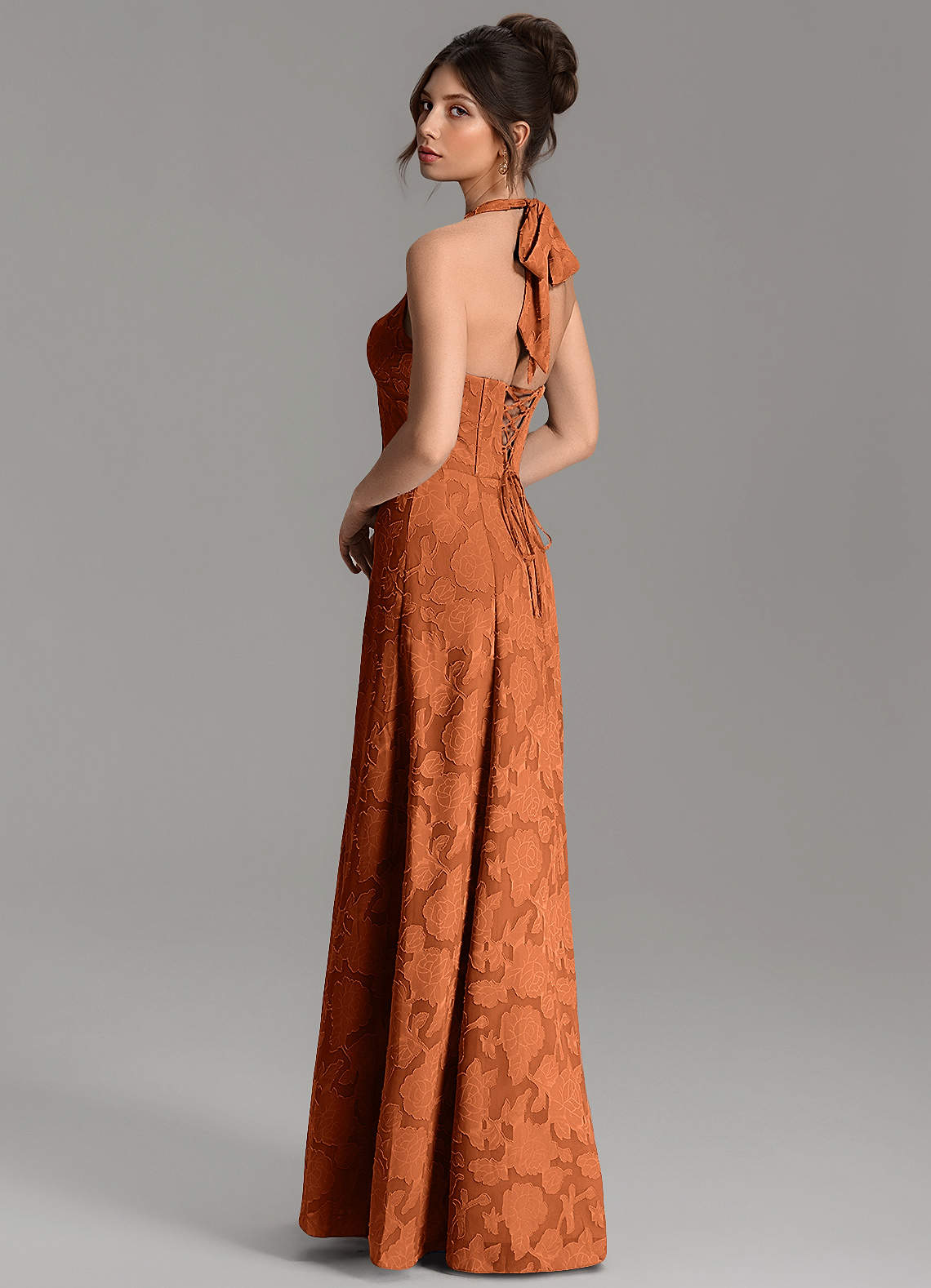 Nia A-Line V-Neck Floral Burnout Bridesmaid Dress in Burnt Orange