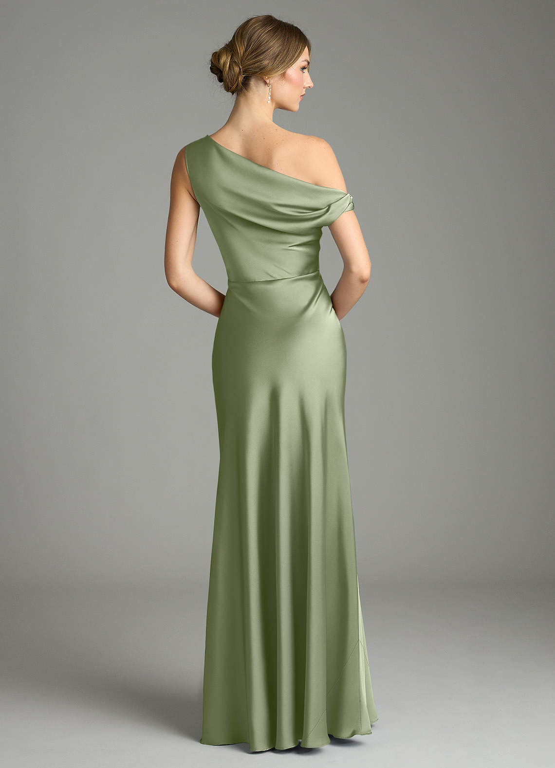 Emerson Mermaid One-Shoulder Stretch Satin Bridesmaid Dress in Pistachio