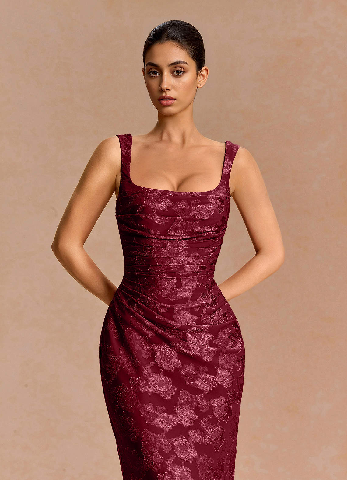 Agustina Square-Neck Pleated Fil Coupé Evening Dress in Wine