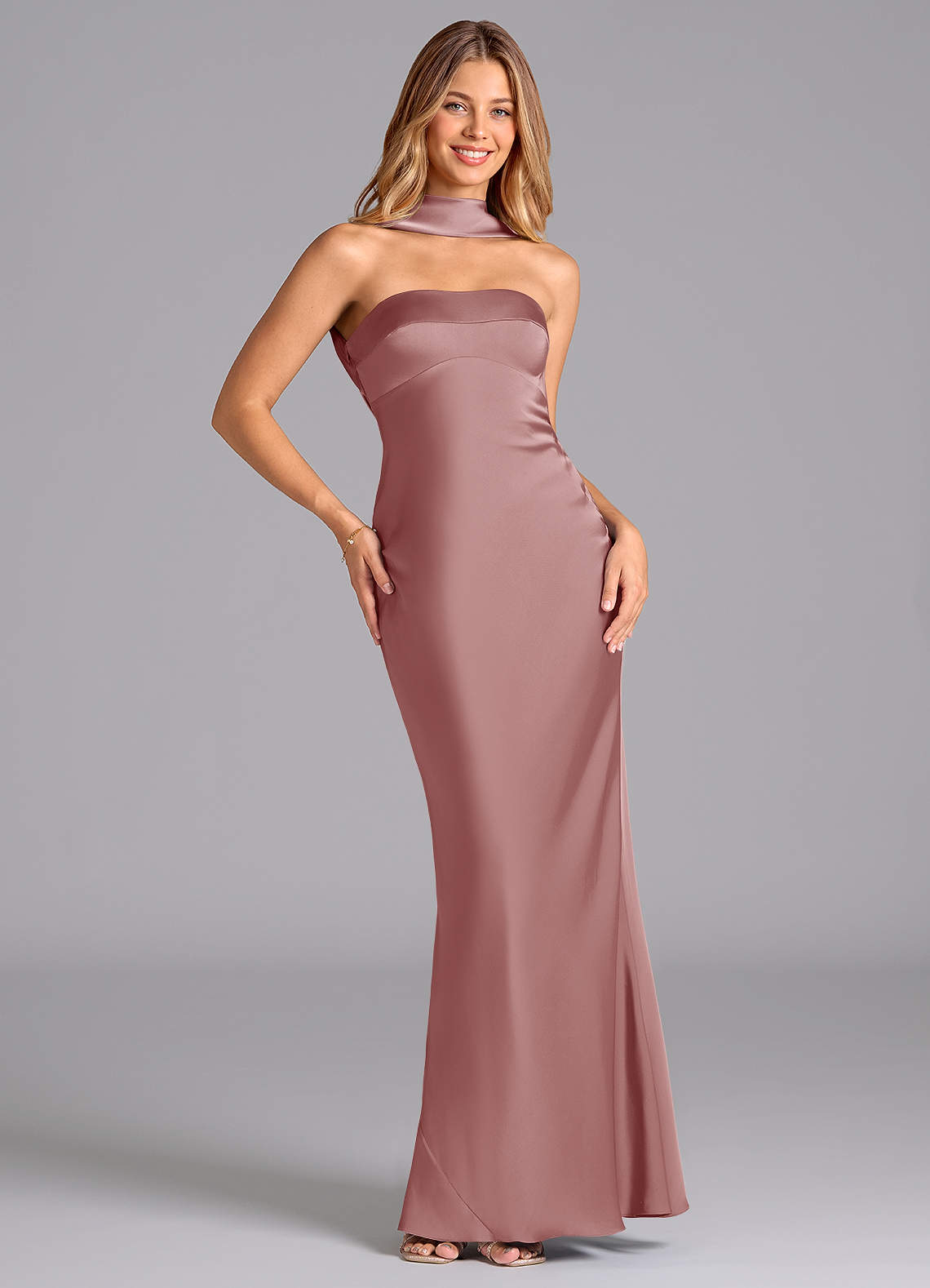 Lusinda Mermaid Strapless Stretch Satin Bridesmaid Dress in dusty rose