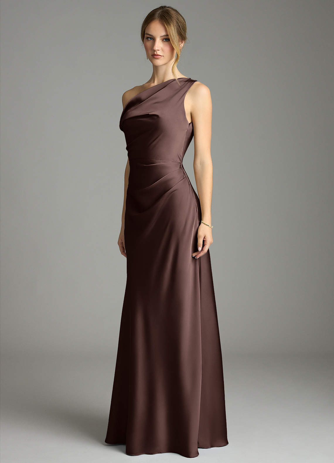 Emerson Mermaid One-Shoulder Stretch Satin Bridesmaid Dress in Ganache