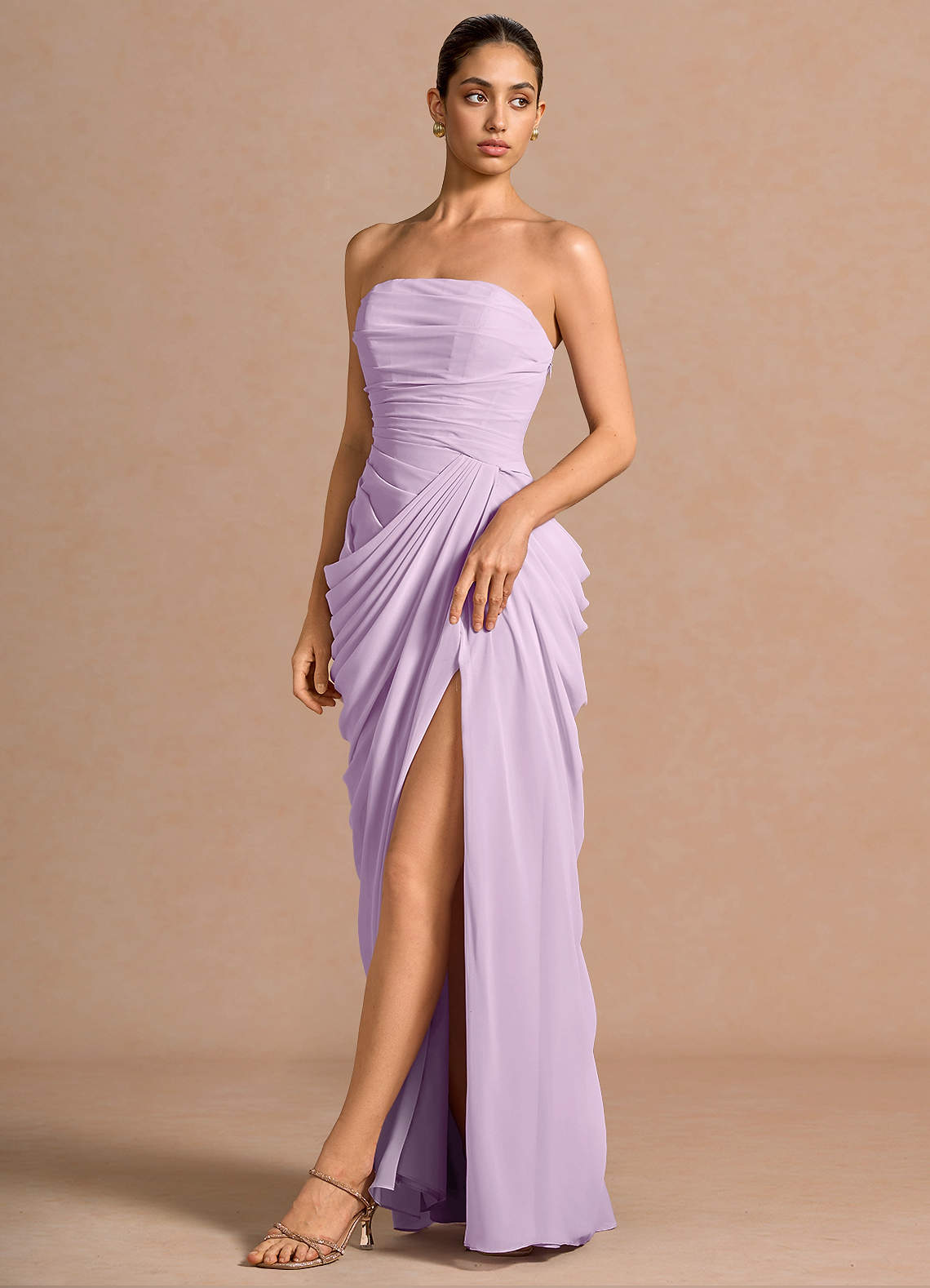 Kaavia Column Pleated Chiffon Maxi Evening Dress in Frosted Lilac