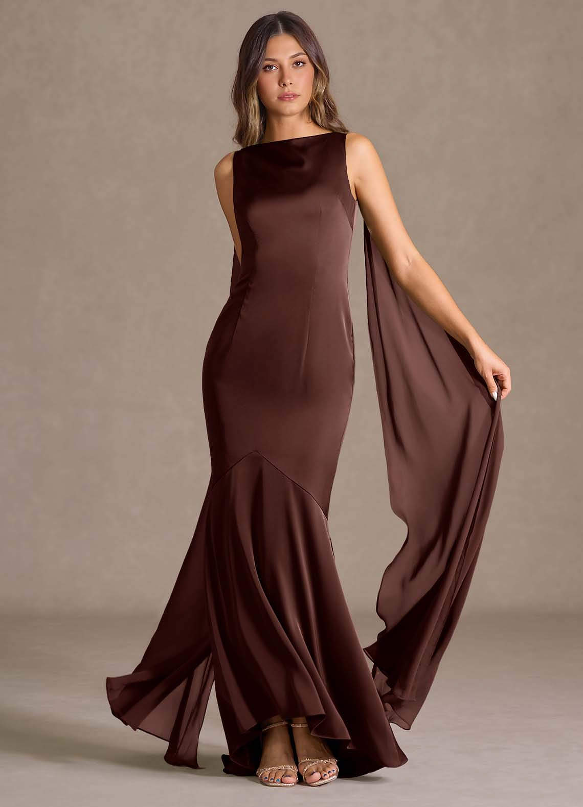 Wynne Mermaid Shoulder-Scarf Stretch Satin Evening Dress in Mocha Coco