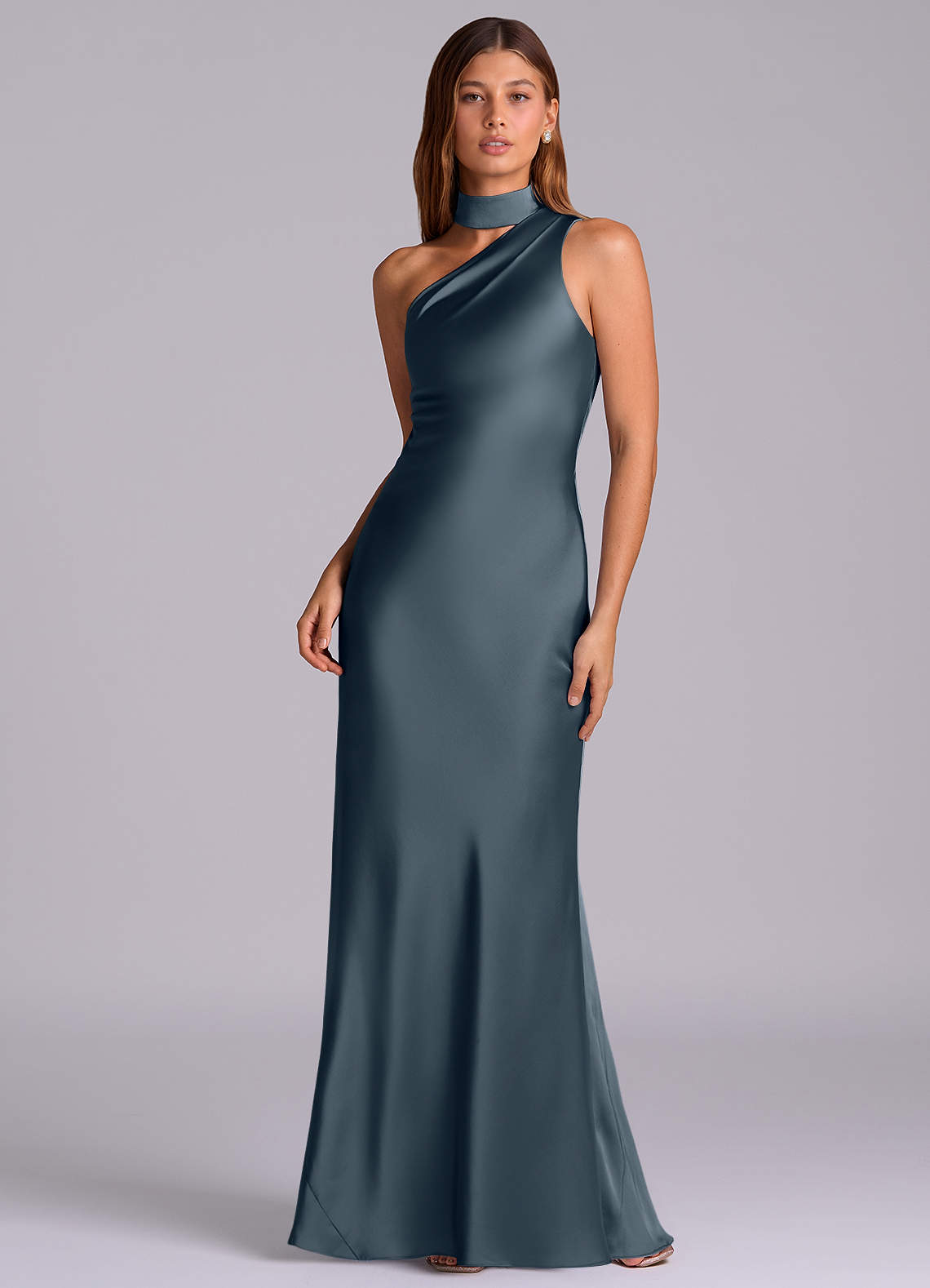 Seona Mermaid One-Shoulder Stretch Satin and Tulle Bridesmaid Dress in Twilight