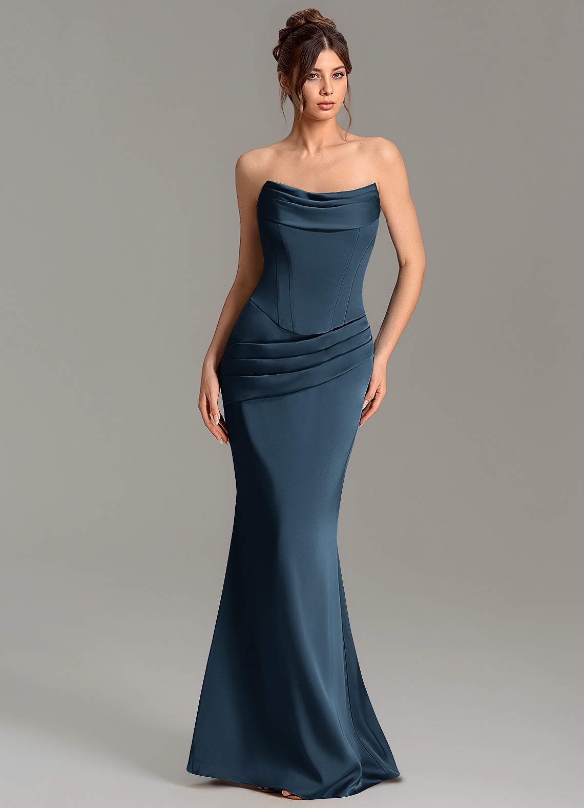 Adrienne Mermaid Cowl-Neck Stretch Satin Bridesmaid Dress in Dark Navy