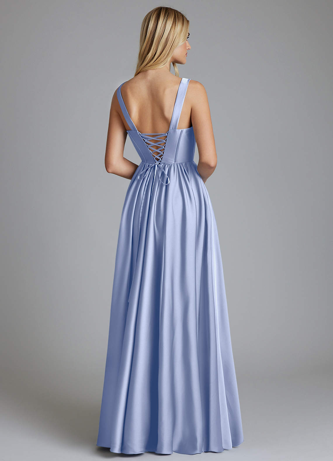Delmie A-Line V-Neck Stretch Satin Bridesmaid Dress in Ice