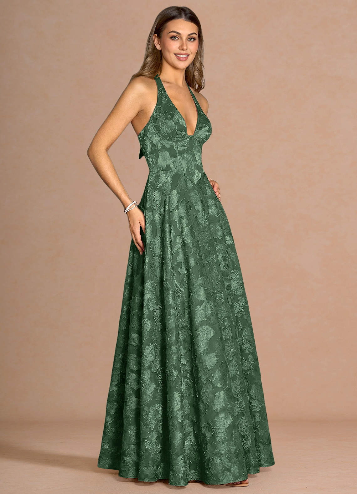 Isabeau A-Line V-Neck Fil Coupé Evening Dress in Eucalyptus