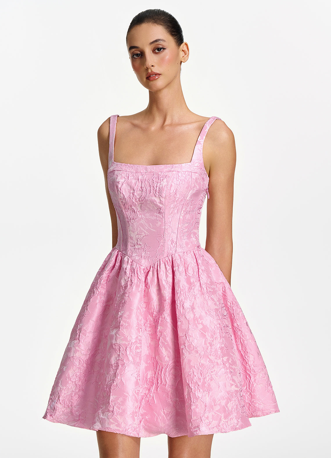 Lionelle Skater Mini Square-Neck Jacquard Prom Dress in Pink