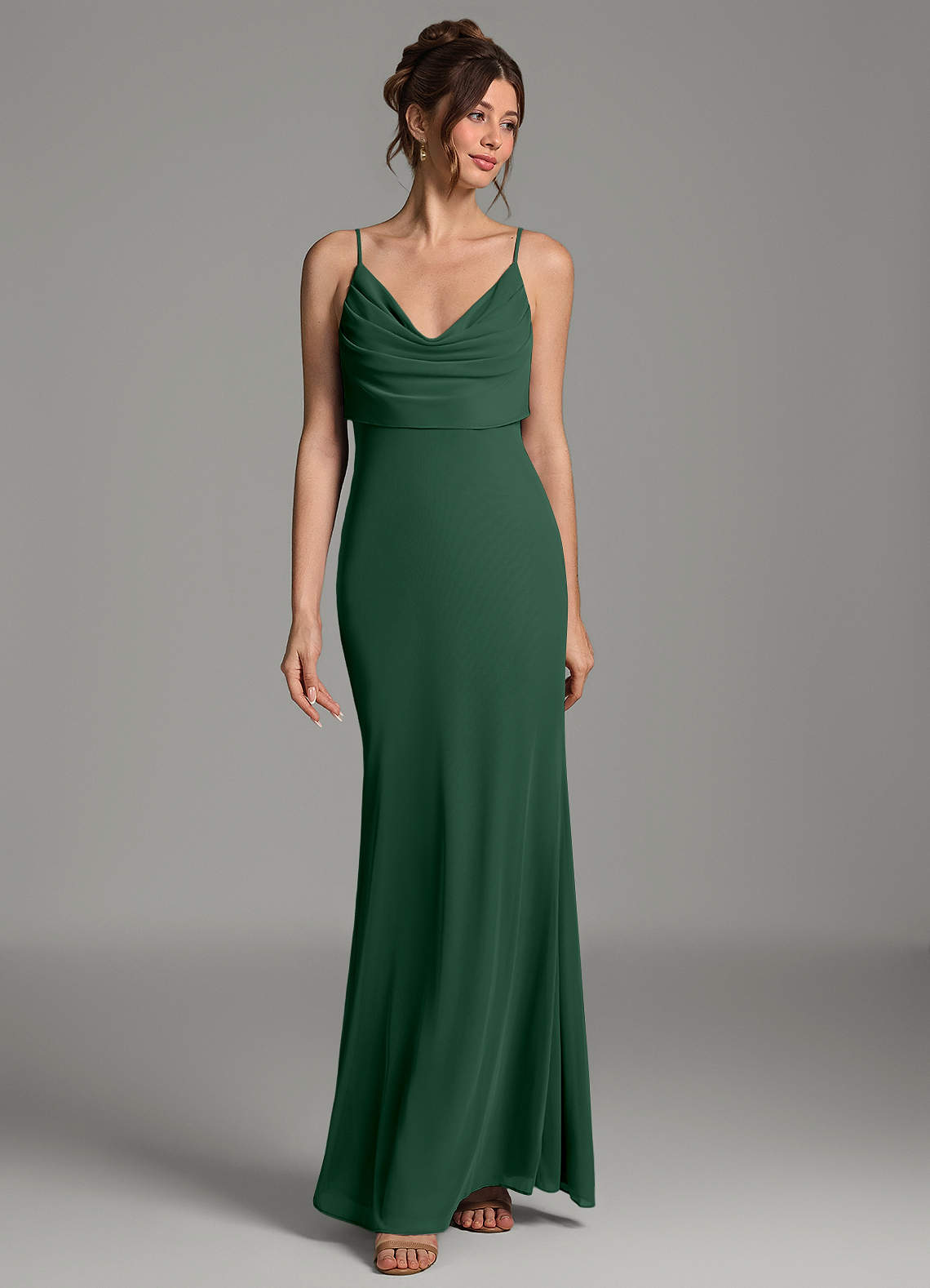 Zari Mermaid Cowl-Neck Mesh Bridesmaid Dress in Dark Green
