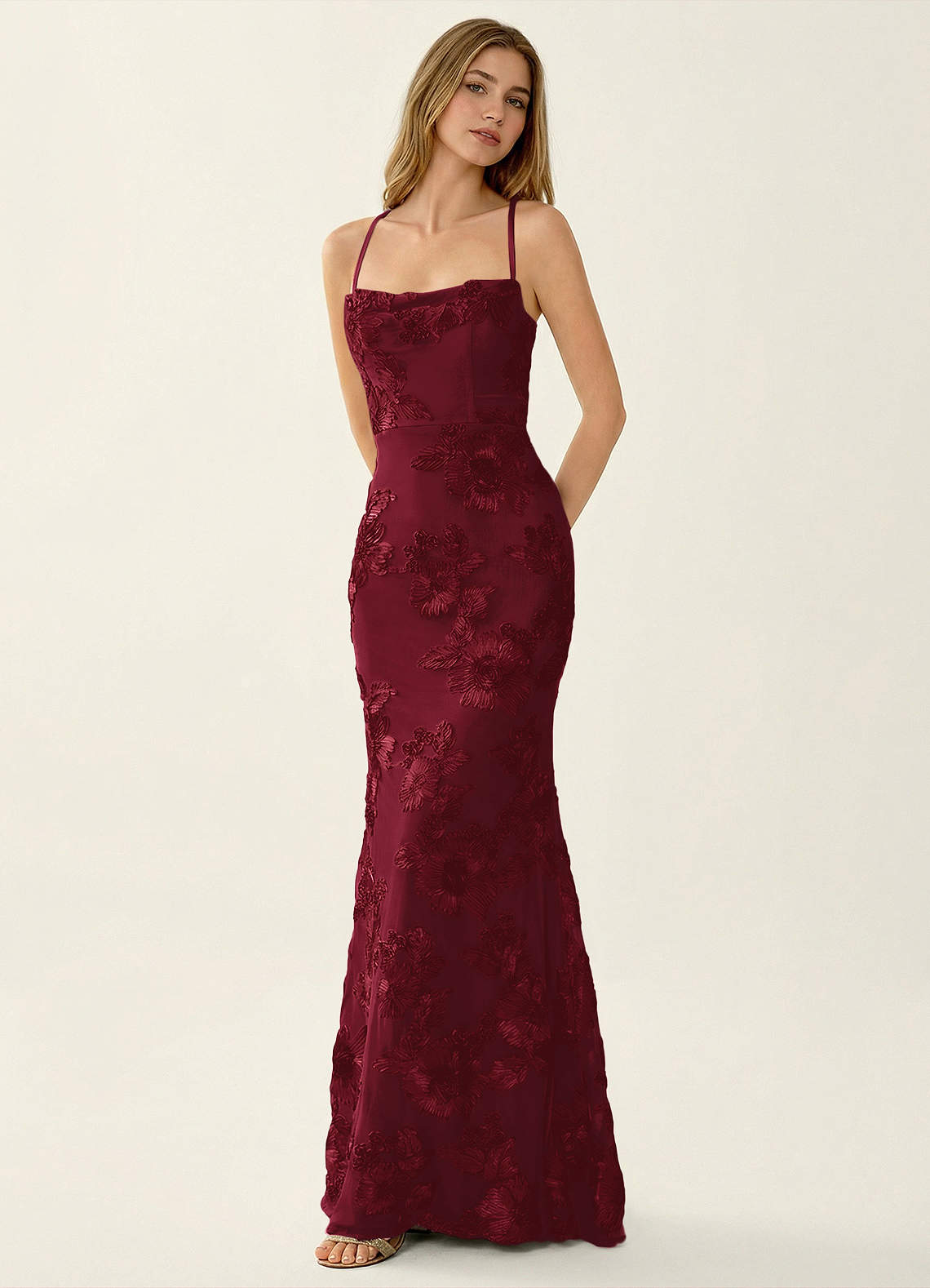 Kailani Mermaid Spaghetti-Strap Lace Evening Dress in Burgundy