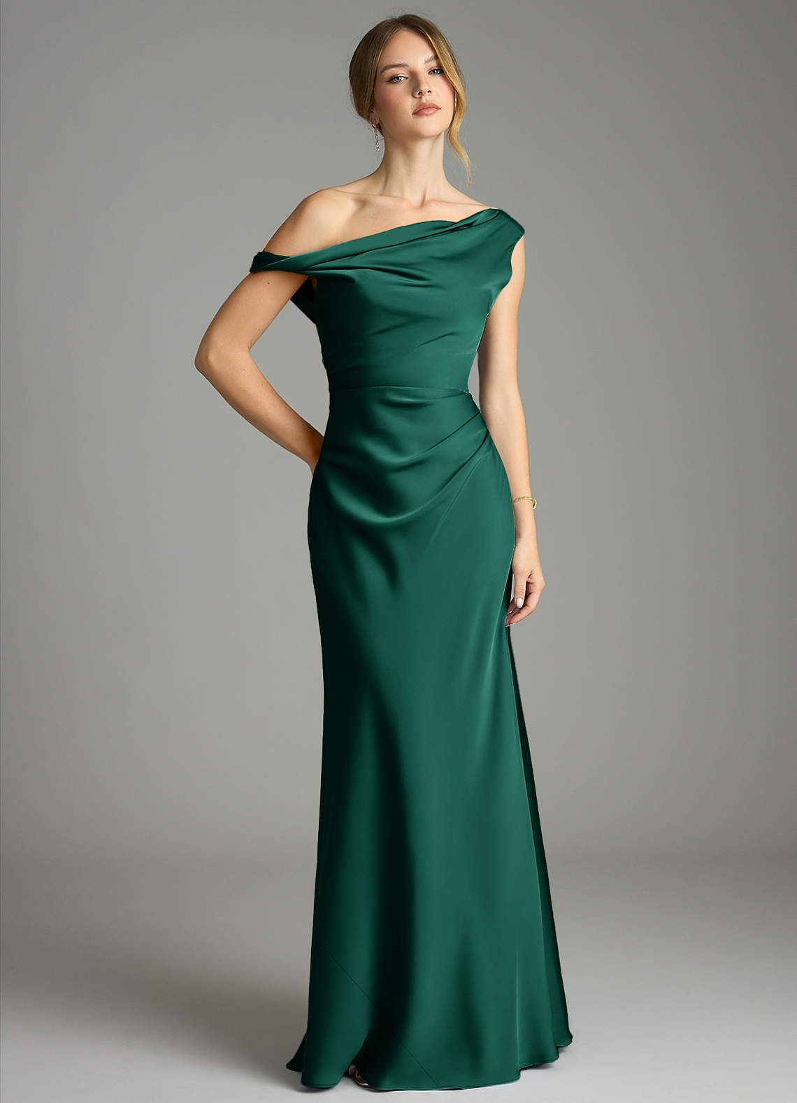 Emerson Mermaid One-Shoulder Stretch Satin Bridesmaid Dress in Emerald