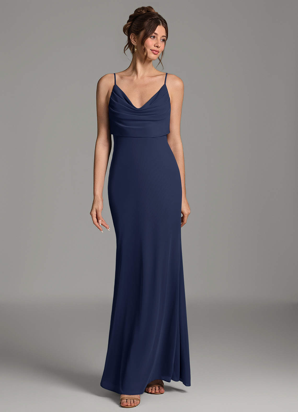 Zari Mermaid Cowl-Neck Mesh Bridesmaid Dress in Dark Navy