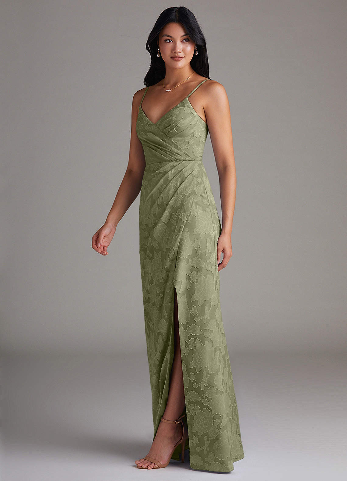 Maci Sheath V-Neck Floral Burnout Bridesmaid Dress in Pistachio