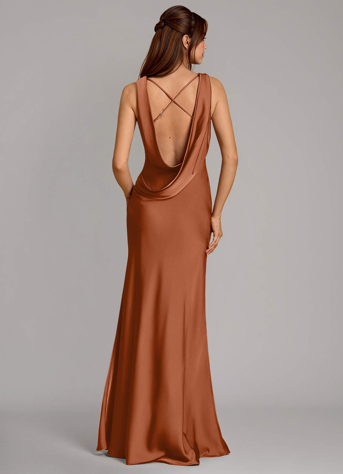 Cheryl Mermaid Cowl-Neck Stretch Satin Bridesmaid Dress in Copper