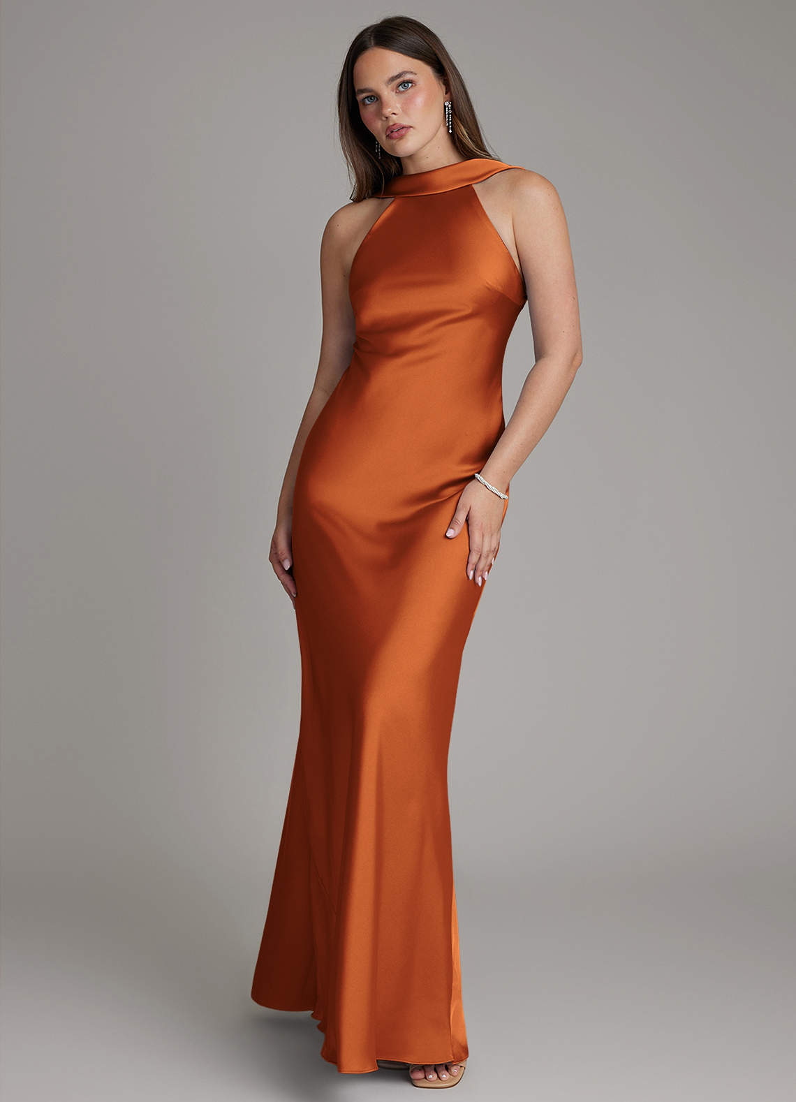 Dimitra Sheath Halter Stretch Satin Bridesmaid Dress in Cinnamon