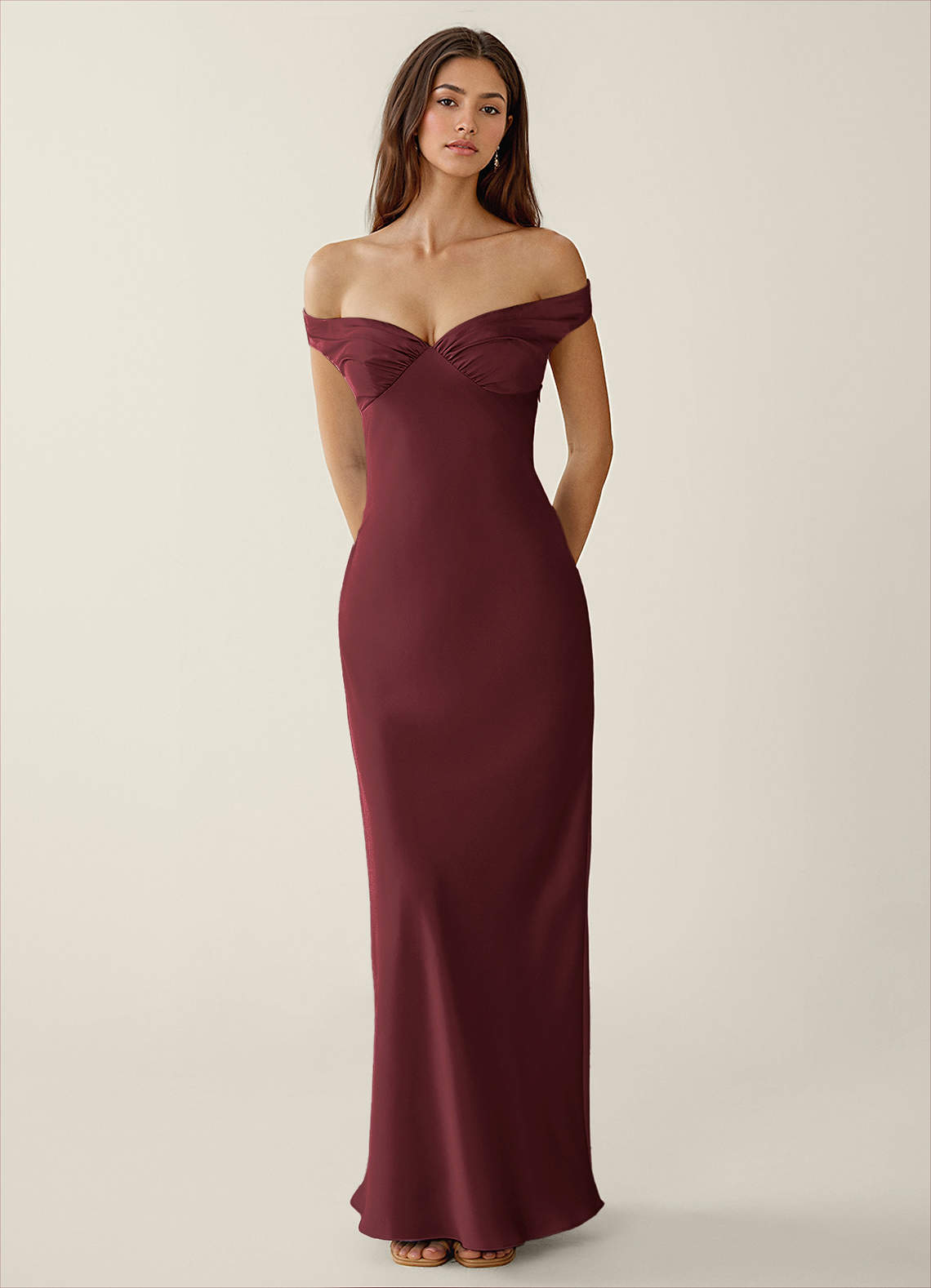 Gwendonme Sheath Off-the-Shoulder Satin Crystal Linen Evening Dress in Wine